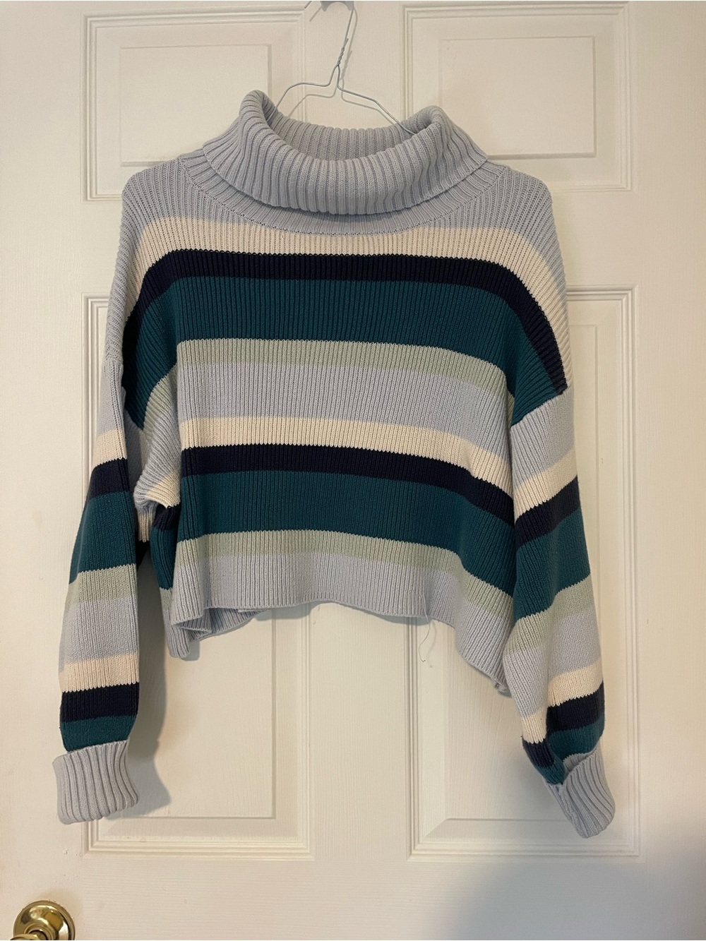 Striped Turtleneck Cropped Sweater in Light Blue and Teal